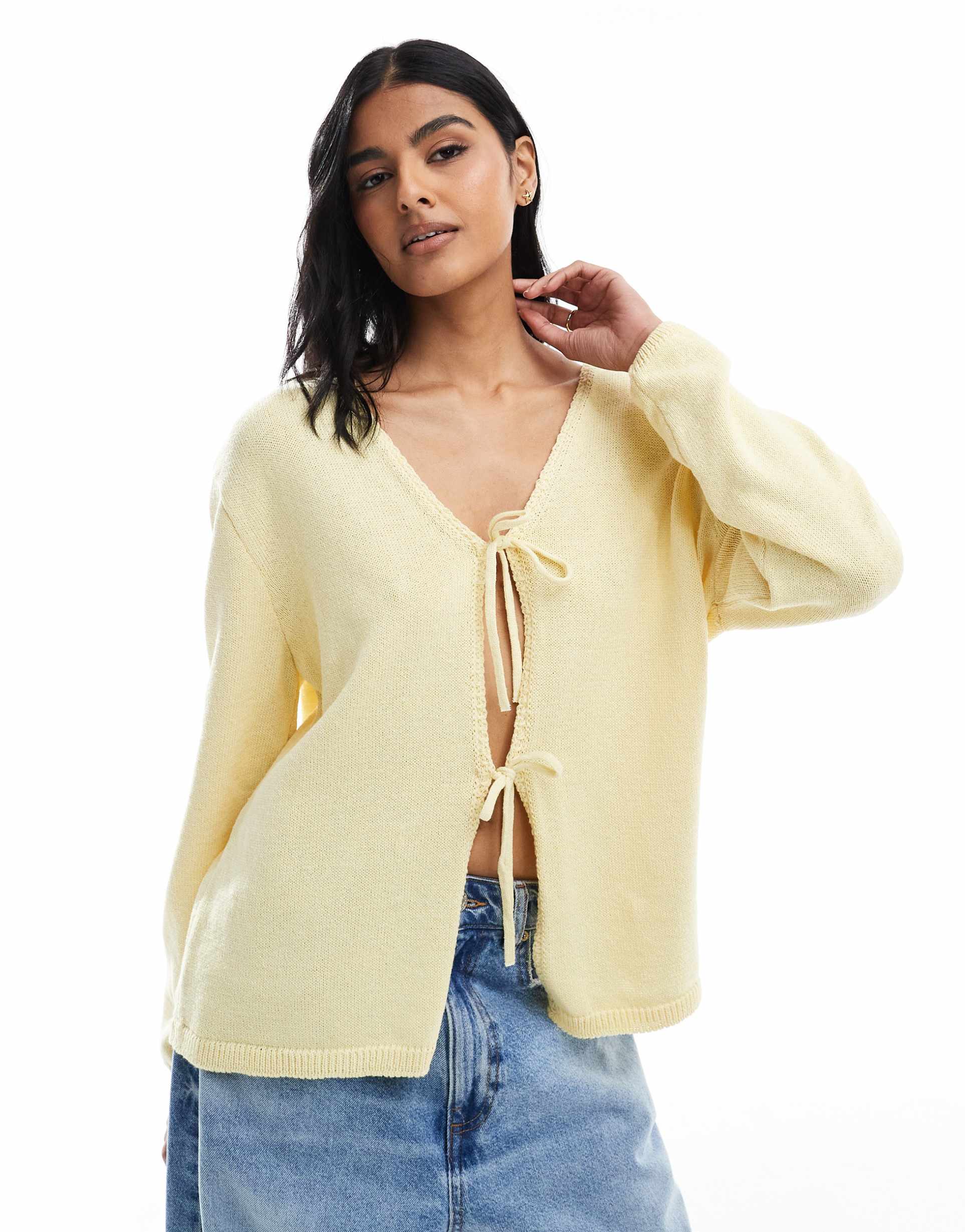 asos design v neck knit oversized tie front cardigan in buttermilk yellow