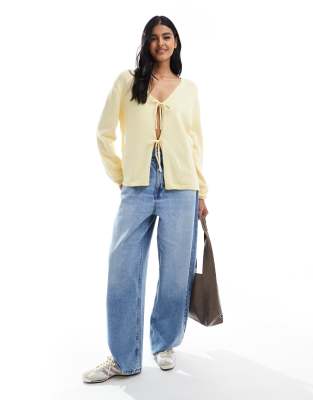 Asos Design V Neck Knit Oversized Tie Front Cardigan In Yellow