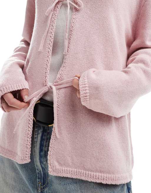 ASOS DESIGN v neck knit oversized tie front cardigan in light pink