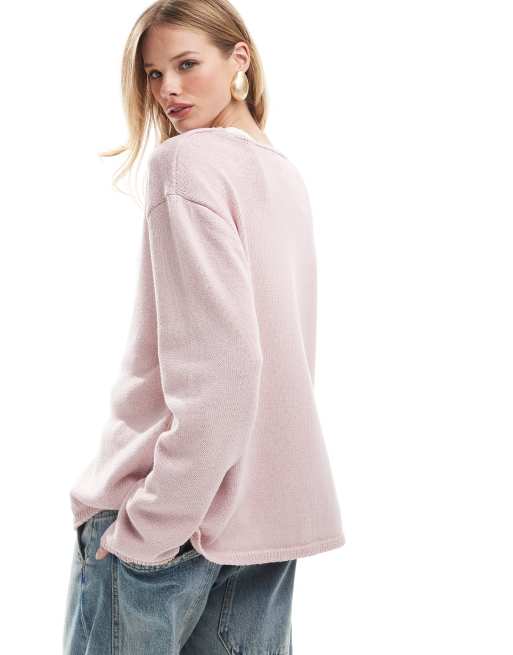 ASOS DESIGN v neck knit oversized tie front cardigan in light pink