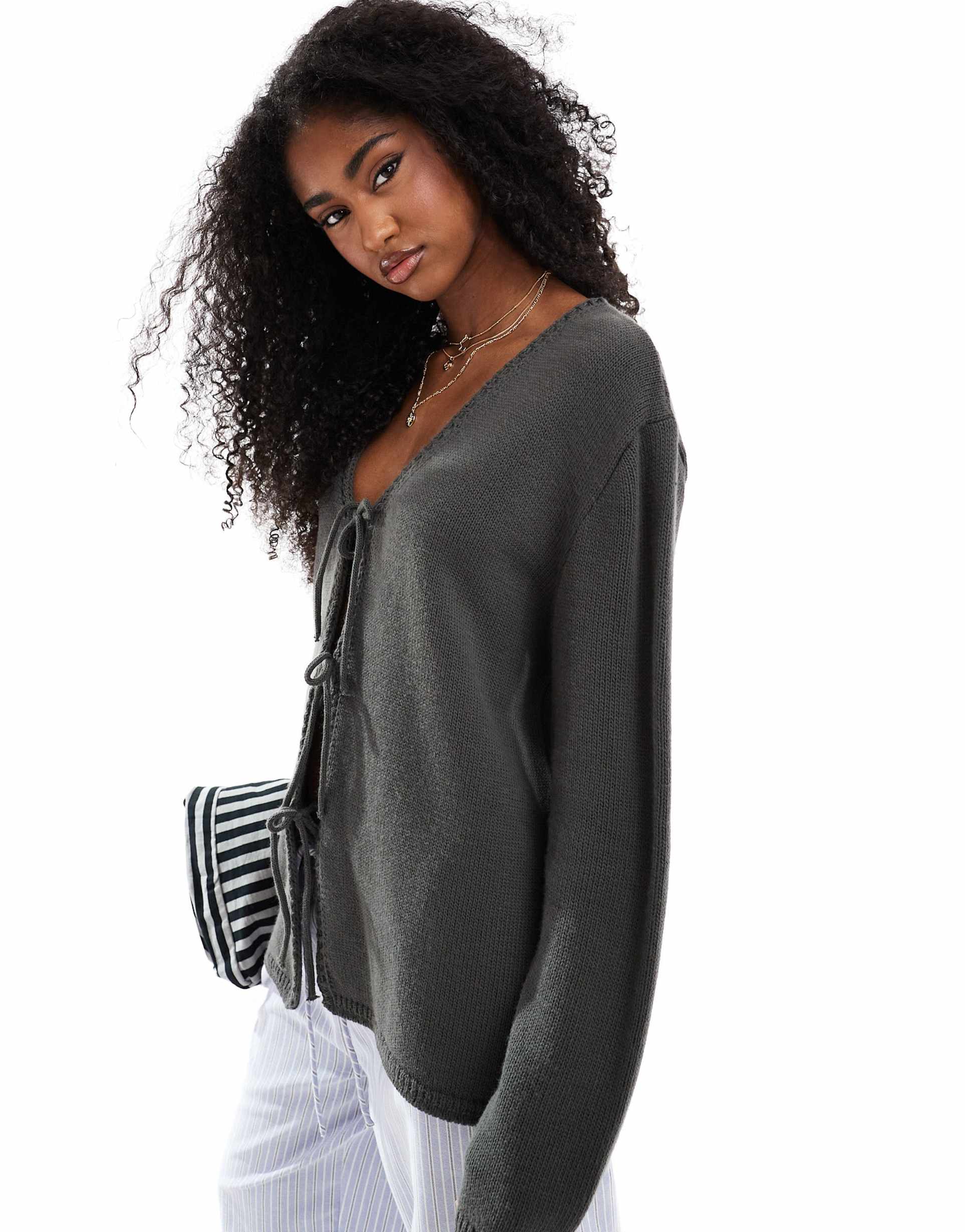 asos design v neck knit oversized tie front cardigan in olive