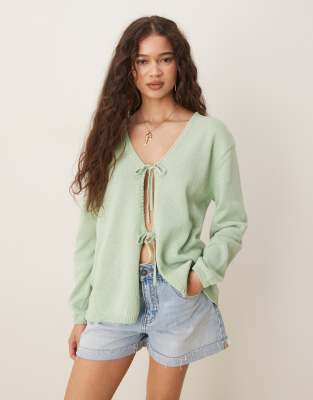 Asos Design V Neck Knit Oversized Tie Front Cardigan In Green