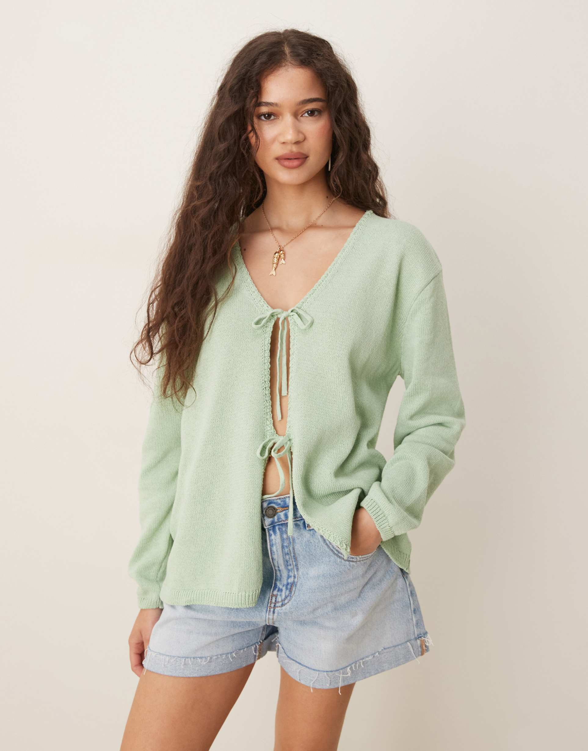 asos design v neck knit oversized tie front cardigan in pistachio green