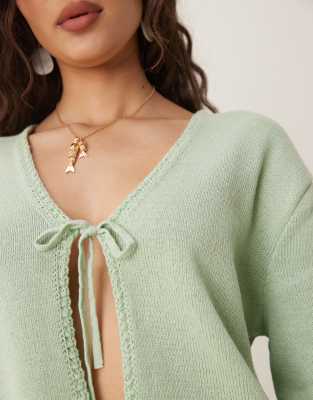 Asos Design V Neck Knit Oversized Tie Front Cardigan In Green