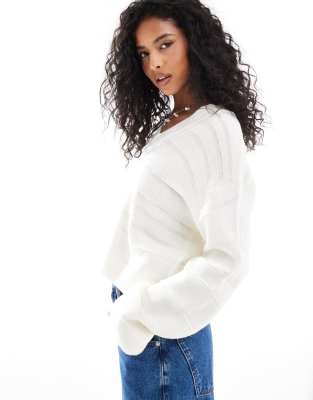 v neck knit sweater in cream-White