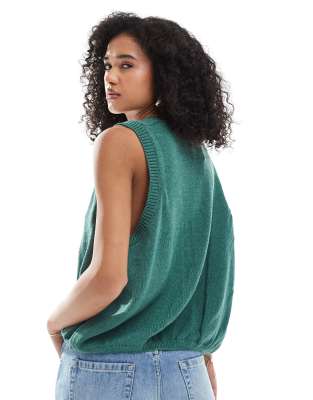 Asos Design V Neck Knit Tank Top With Bow Tie Front In Green