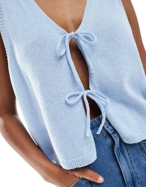 ASOS DESIGN V-neck knit tank top with bow tie front in light blue