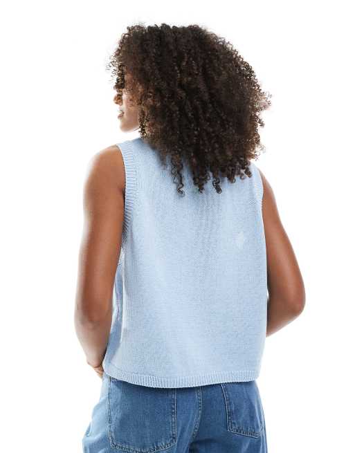 ASOS DESIGN V-neck knit tank top with bow tie front in light blue