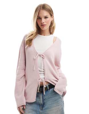 Asos Design V Neck Knit Tank Top With Bow Tie Front In Pink