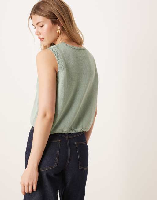 ASOS DESIGN v neck knit tank top with bow tie front in sage green, 4 of 4