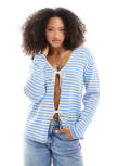 [ASOS DESIGN] ASOS DESIGN v neck knitted oversized tie front cardigan in blue stripe-Multi M Multi
