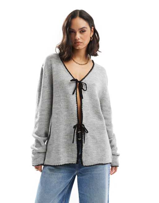 ASOS DESIGN v neck knitted oversized tie front cardigan in grey ASOS