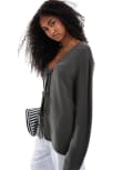 [ASOS DESIGN] ASOS DESIGN v neck knitted oversized tie front cardigan in olive-Green S Olive