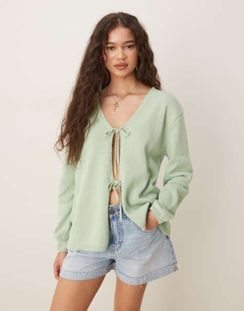 ASOS DESIGN v neck knitted oversized tie front cardigan in pistachio green - view 1