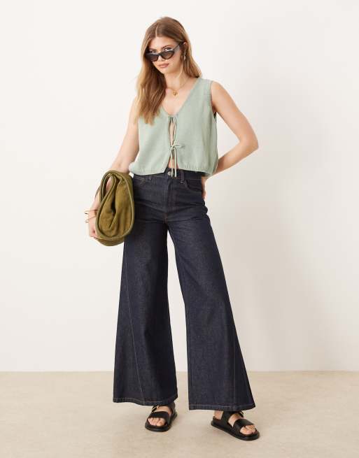 ASOS DESIGN v neck knitted tank top with bow tie front in sage green, 2 of 4