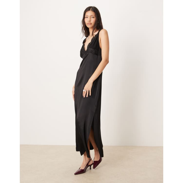 asos midi lace dress ASOS Design V Neck Lace Trim Pleated Cami Midi Dress in sage Green