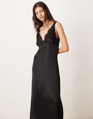 Asos Design V Neck Lace Detail Slip Satin Midi Dress In Black