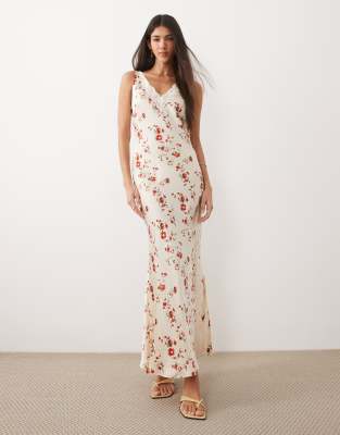 Asos Design V-neck Lace Matte Satin Maxi Dress In Multi