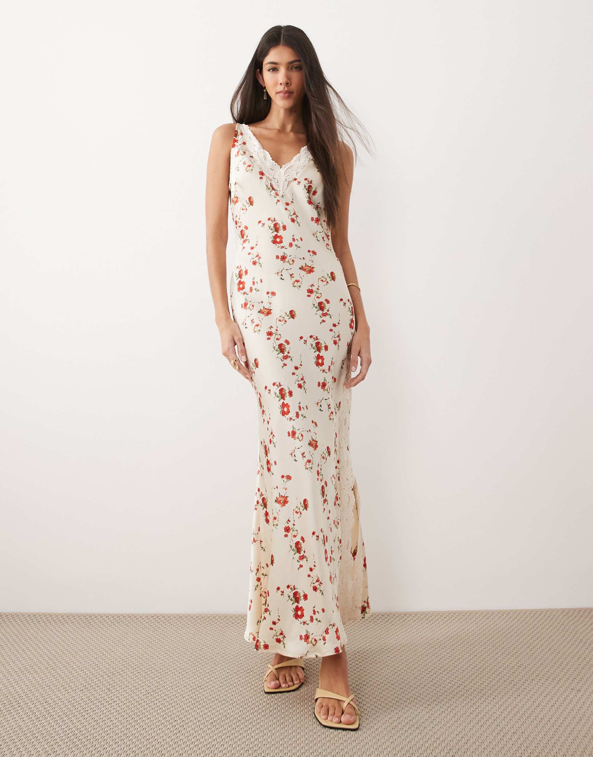 asos design v-neck lace matte satin maxi dress in cream and red floral
