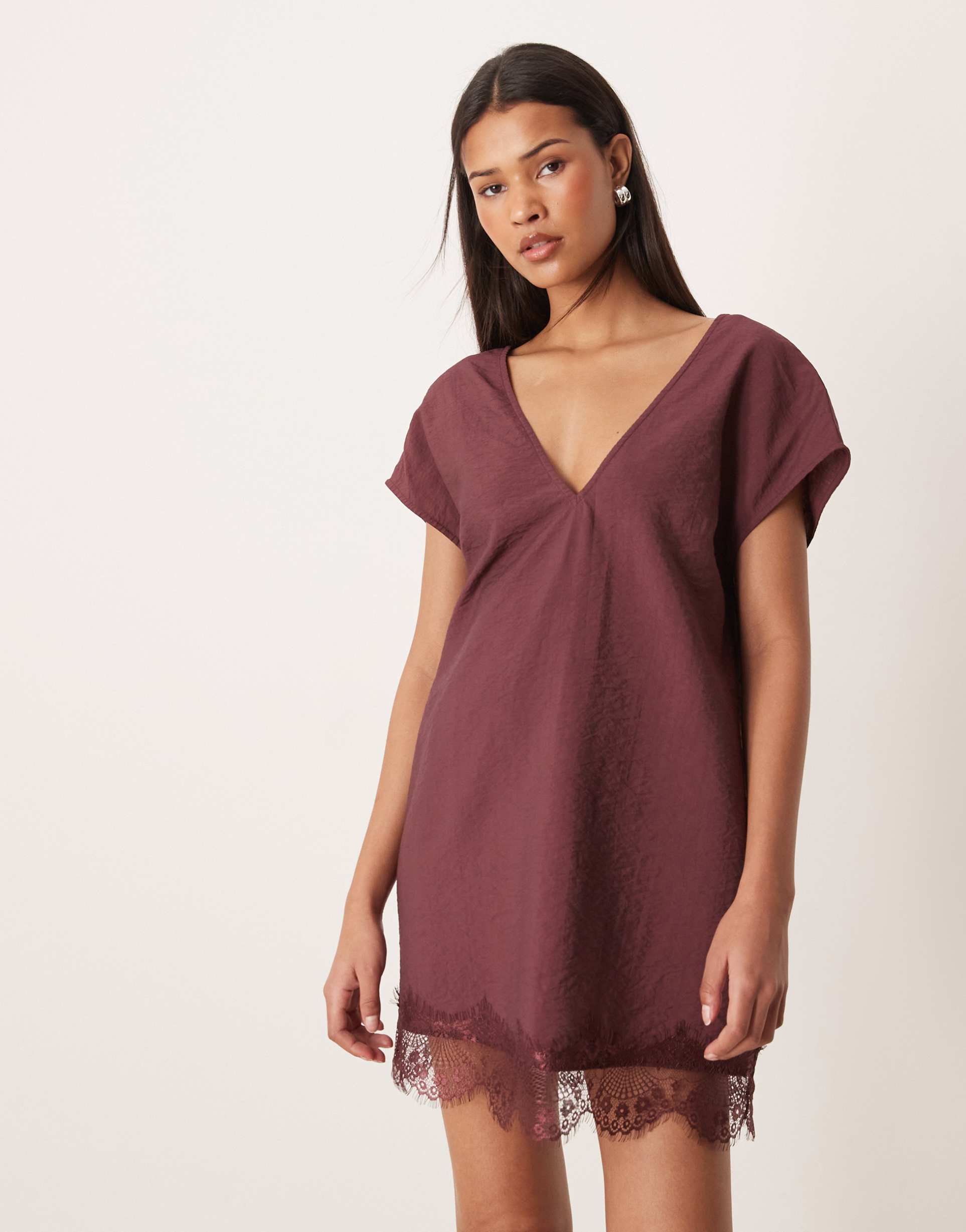 asos design v-neck lace trim crinkle satin mini shift dress in chocolate