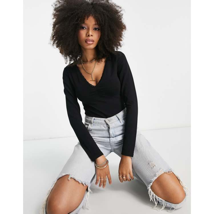 Stylish and Sincere Black Long Sleeve V-Neck Top