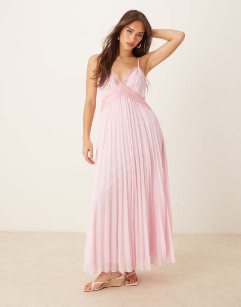 ASOS DESIGN V neck lace trim pleated cami midi dress in sugary pink - view 1