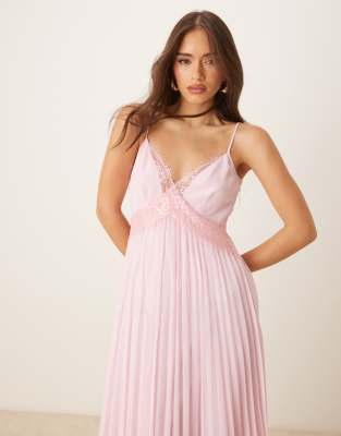 ASOS DESIGN V NECK LACE TRIM PLEATED CAMI MIDI DRESS 
