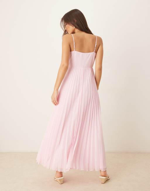 ASOS DESIGN V neck lace trim pleated cami midi dress in sugary pink