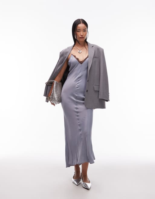 ASOS DESIGN v neck lace trim satin maxi dress in light blue