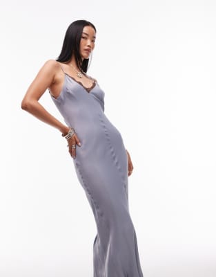 Asos Design V Neck Lace Trim Satin Maxi Dress In Blue