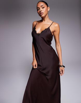 Asos Design V Neck Lace Trim Satin Slip Maxi Dress In Brown