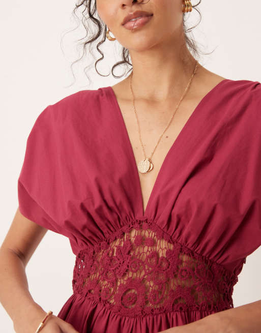 ASOS DESIGN V neck lace waist playsuit in burgundy, 3 of 4