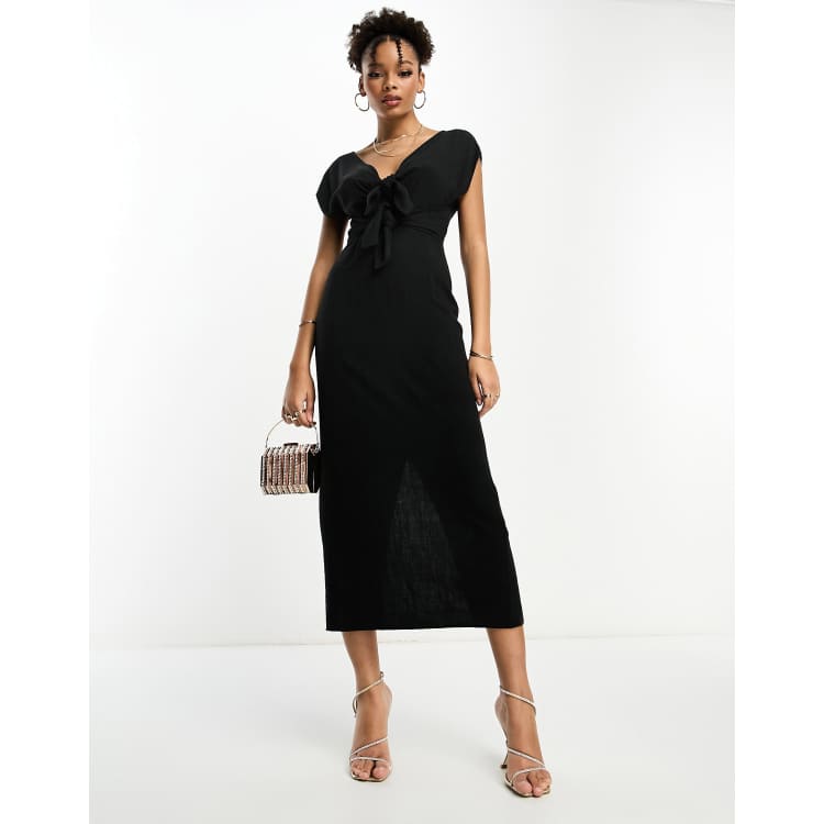 ASOS DESIGN v-neck linen double bow detail pencil midi dress in black