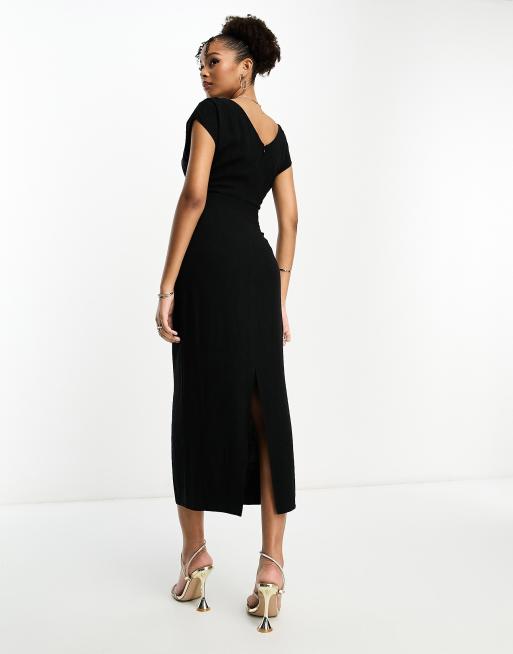 ASOS DESIGN v-neck linen double bow detail pencil midi dress in black