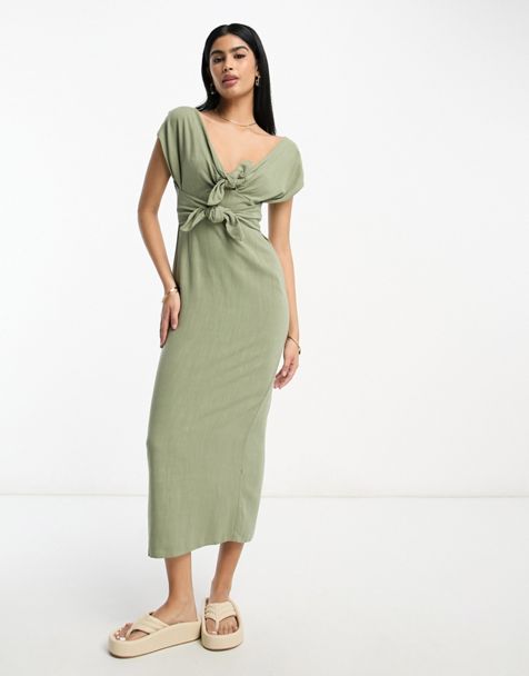 ASOS DESIGN Maternity tie front button through midi dress with floral  embroidery in forest green