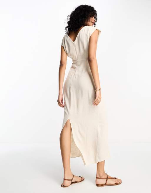 ASOS DESIGN v-neck linen double bow detail pencil midi dress in stone | ASOS