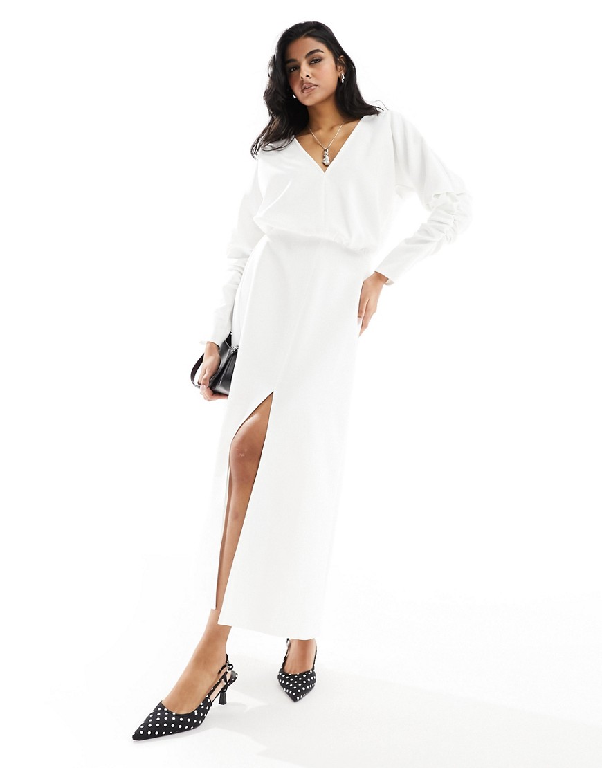 Asos Design V Neck Long Sleeve Blouson Midi Dress With Front Split In White
