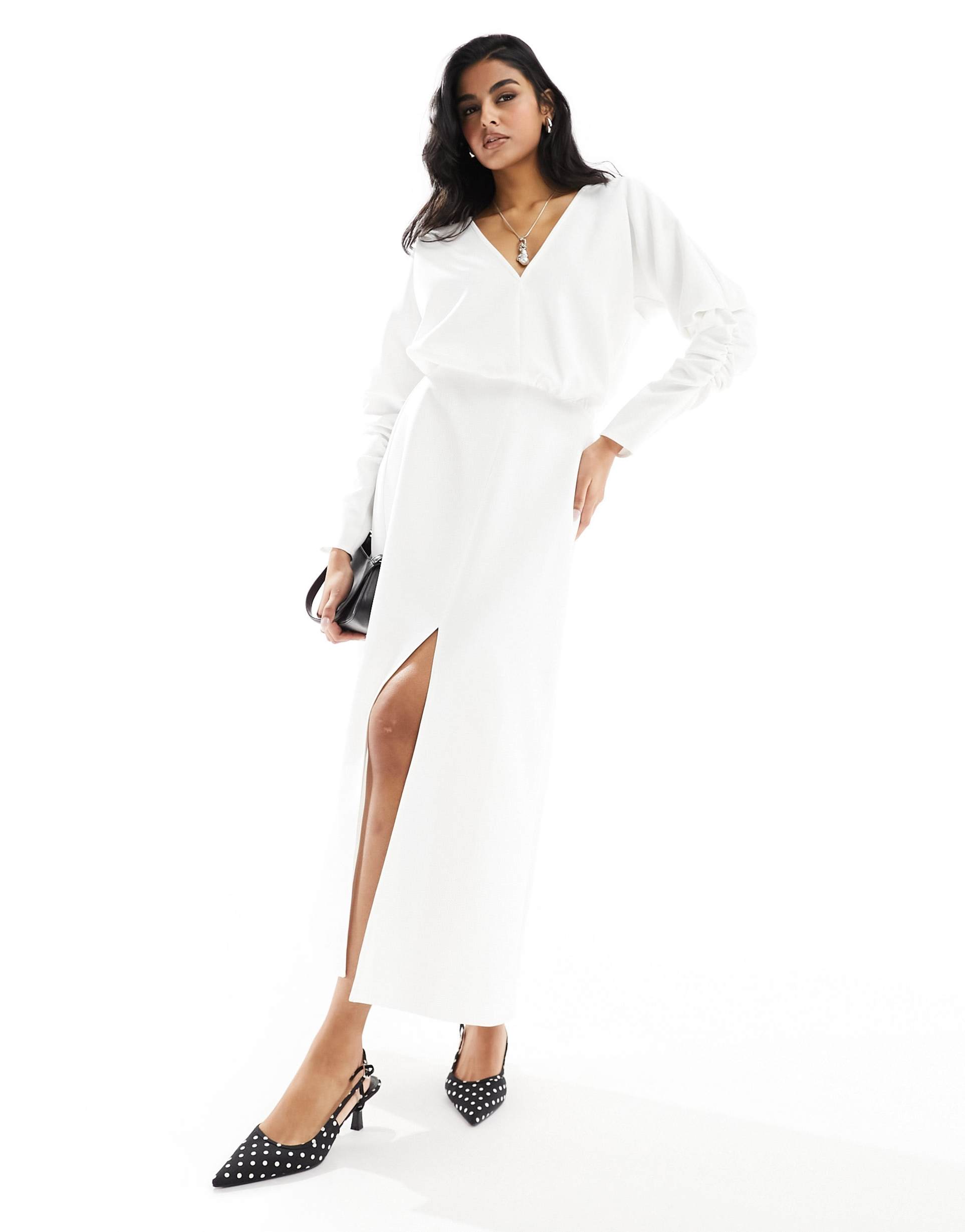 asos design v neck long sleeve blouson midi dress with front split in white