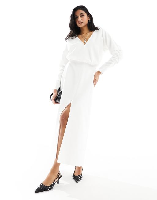 ASOS DESIGN v neck long sleeve blouson midi dress with front split in white