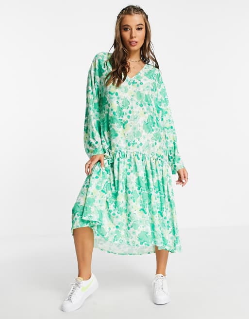 ASOS DESIGN v neck long sleeve frill detail midi dress in 70s green floral print