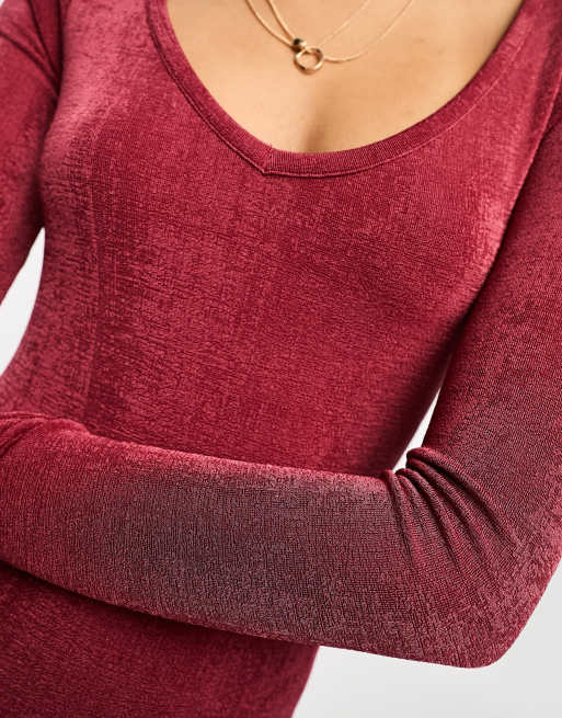 ASOS DESIGN v neck long sleeve maxi dress in burgundy, 3 of 4