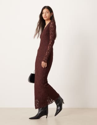 ASOS DESIGN v-neck long sleeve maxi dress in chocolate-Brown