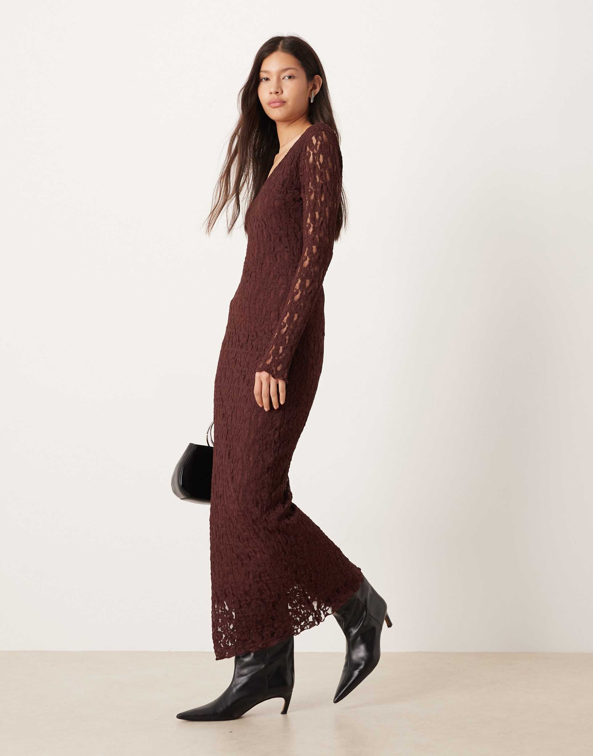 asos design v-neck long sleeve maxi dress in chocolate
