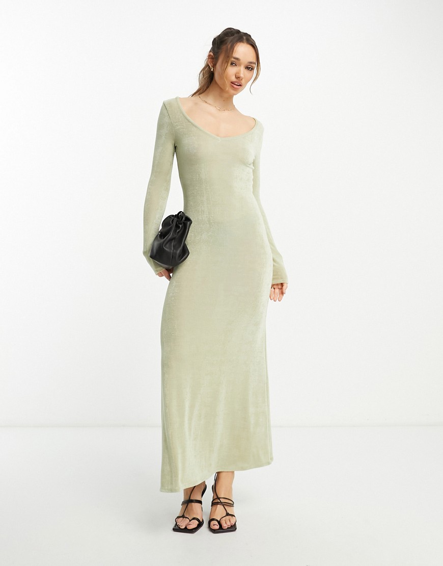 Asos Design V Neck Long Sleeve Maxi Dress In Sage-Green