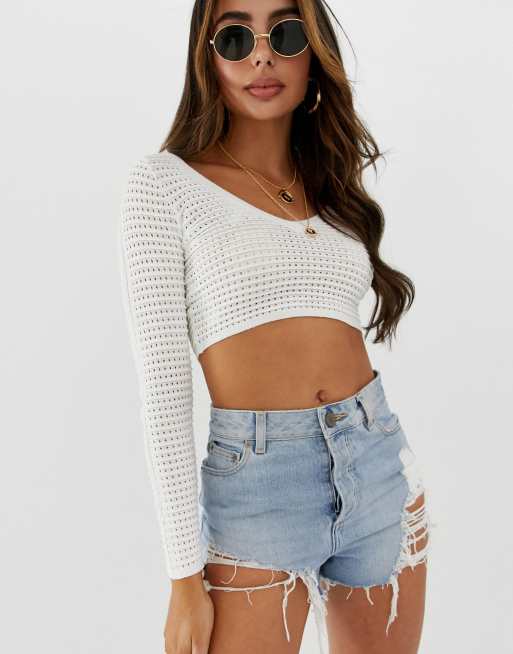 ASOS DESIGN long sleeve crop top with v wire in black