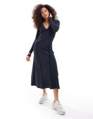 Asos Design V Neck Long Sleeve Midi Dress With Full Hem In Washed Black