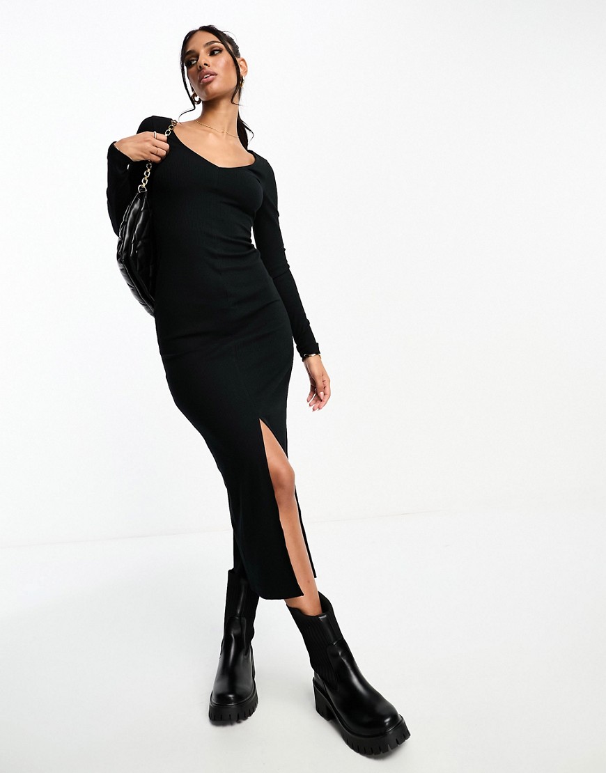 ASOS DESIGN v neck long sleeve ribbed midi dress with front split detail in black