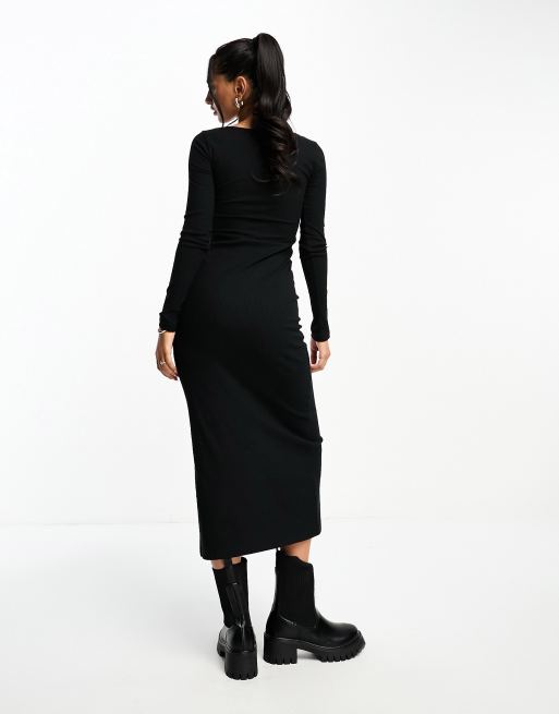 ASOS DESIGN v neck long sleeve ribbed midi dress with front split detail in black, 2 of 4