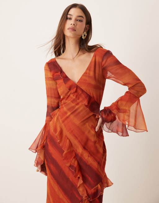 ASOS DESIGN v neck long sleeve ruffle maxi dress with cut out back in abstract print
