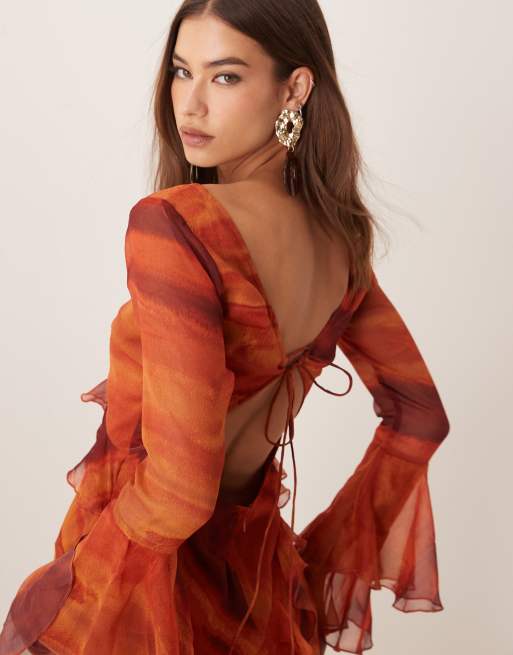 ASOS DESIGN v neck long sleeve ruffle maxi dress with cut out back in abstract print